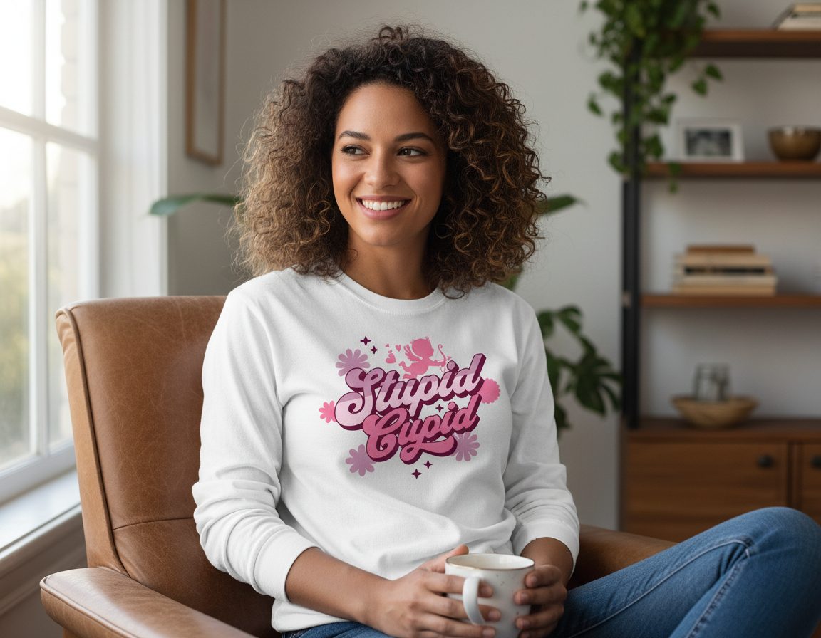 Stupid Cupid anti-Valentine's Day Long Sleeve Tee White lifestyle mockup