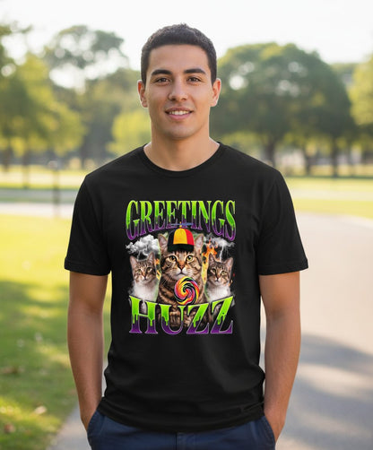 Greetings HUZZ Funny Cat Youth T-Shirt - lifestyle model mockup - Black
