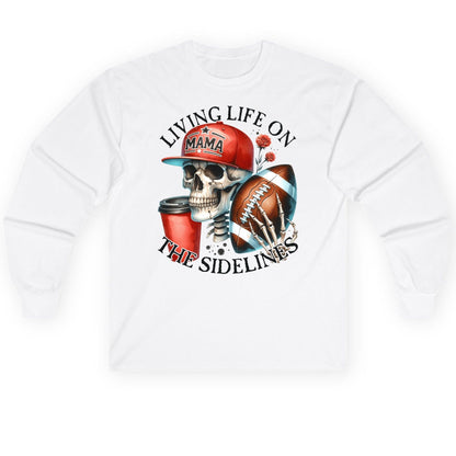 Living Life on the Sidelines football mama Long Sleeve Tee White product mockup
