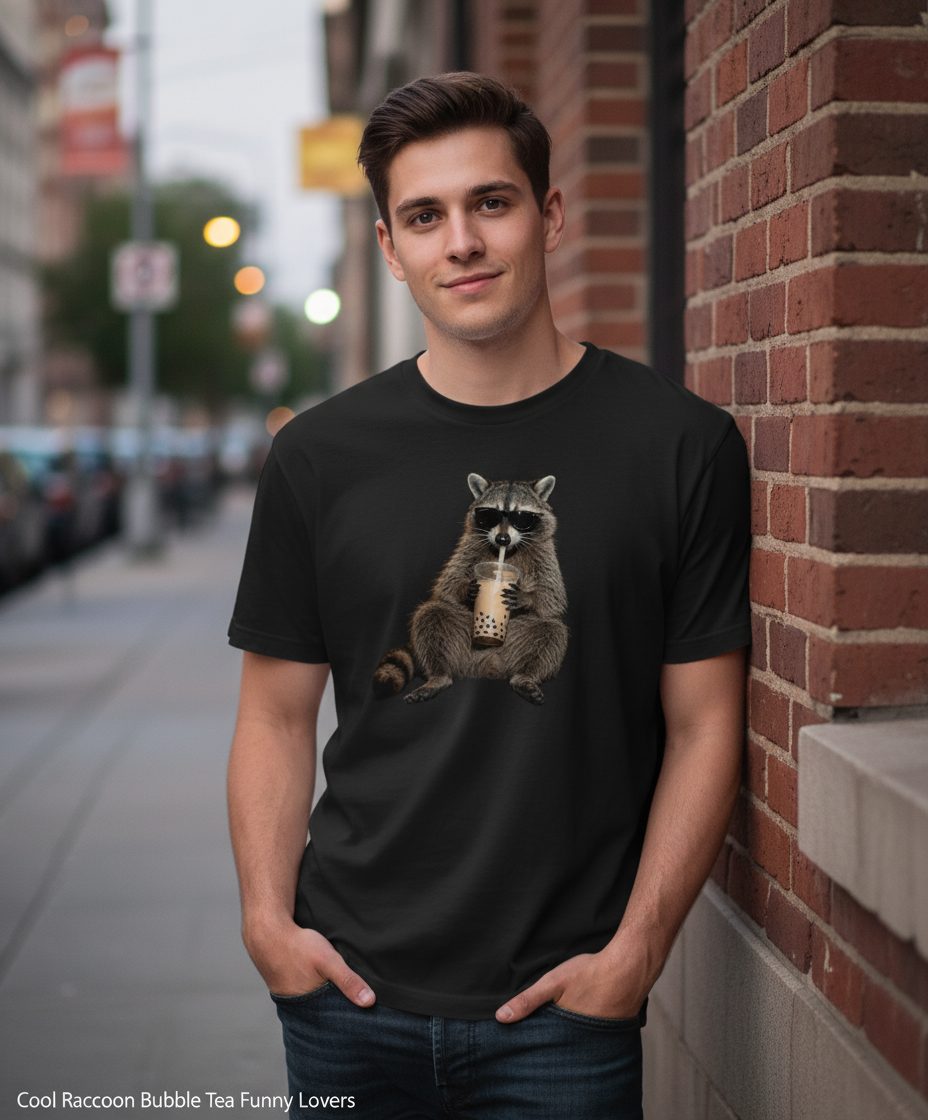 Cool Raccoon Bubble Tea Funny Lovers Youth T-Shirt - lifestyle model mockup - Black
