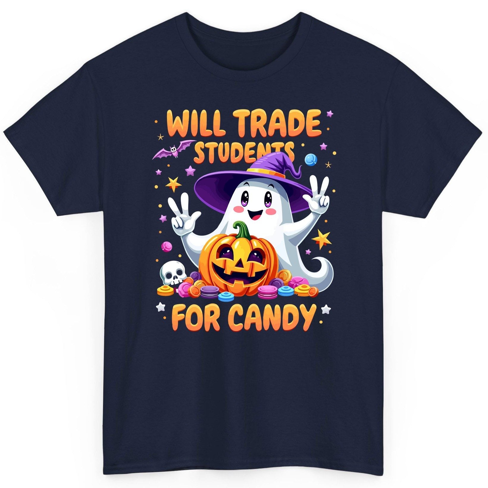 Will Trade Students for Candy teacher Halloween T-Shirt Navy product mockup