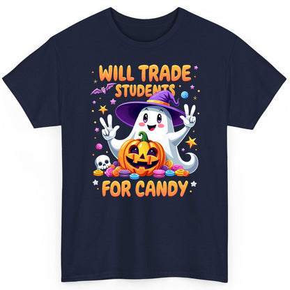 Will Trade Students for Candy teacher Halloween T-Shirt Navy product mockup