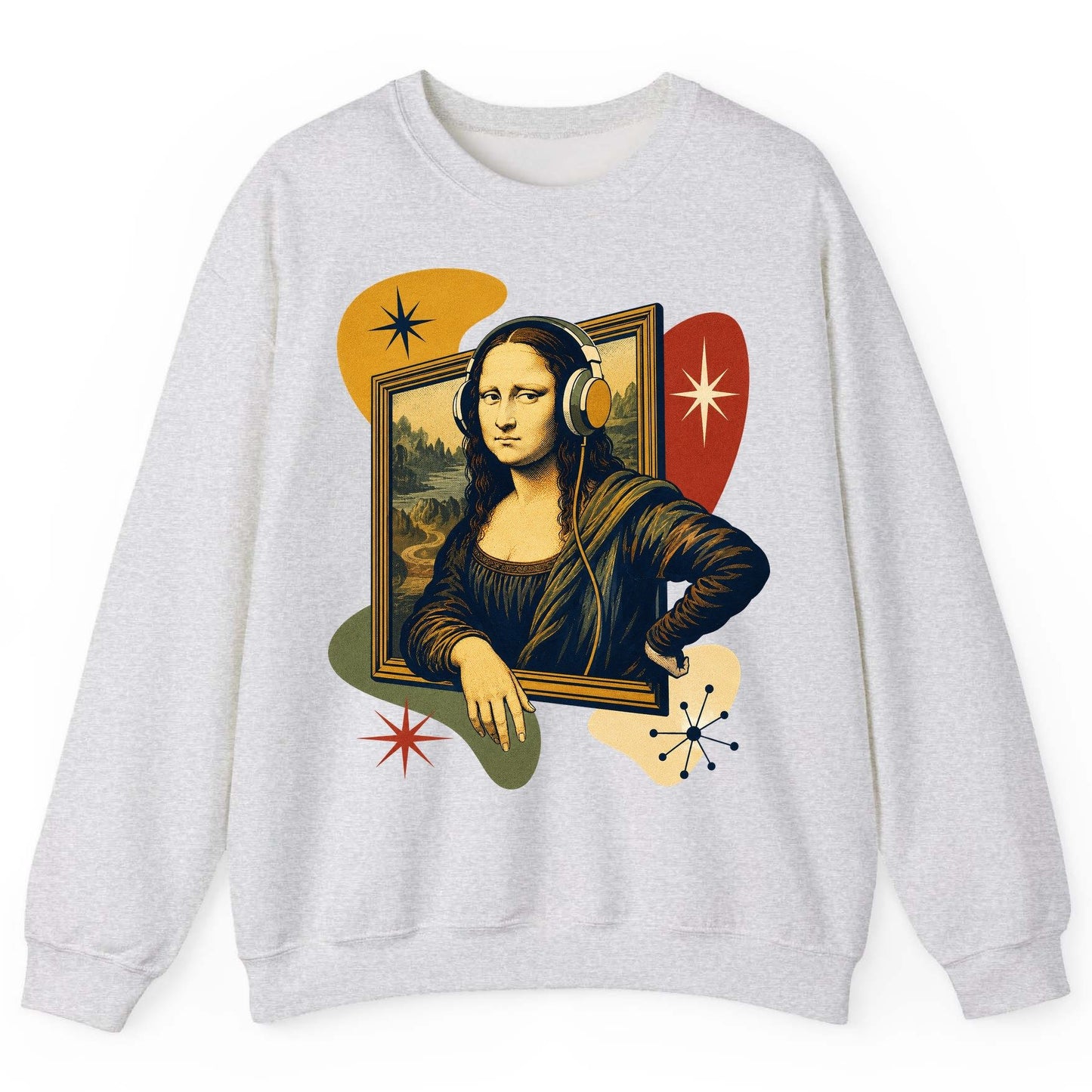 Retro Mona Lisa with Headphones Funny Art Lovers Sweatshirt - product mockup - Ash
