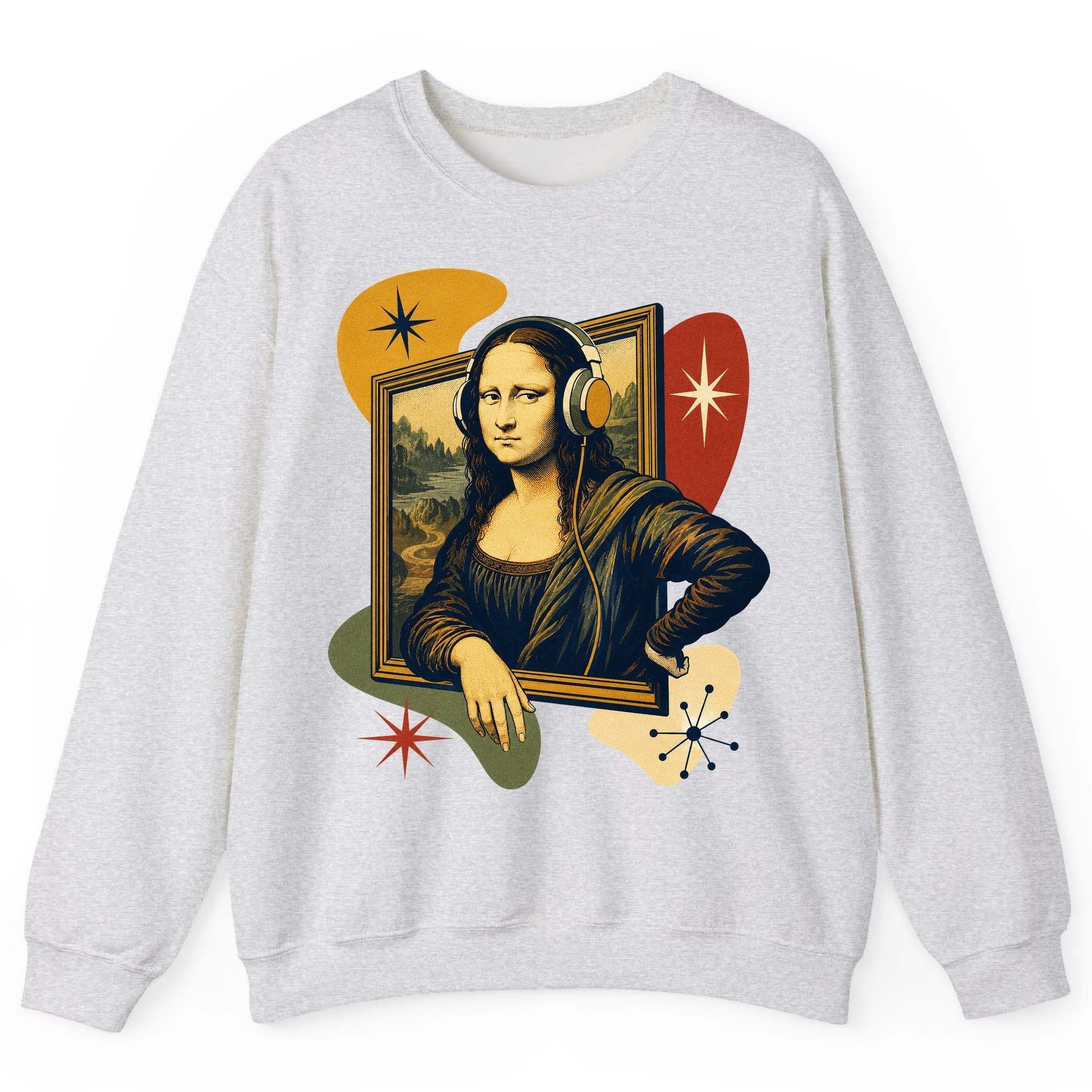 Retro Mona Lisa with Headphones Funny Art Lovers Sweatshirt - product mockup - Ash