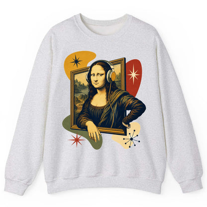 Retro Mona Lisa with Headphones Funny Art Lovers Sweatshirt - product mockup - Ash