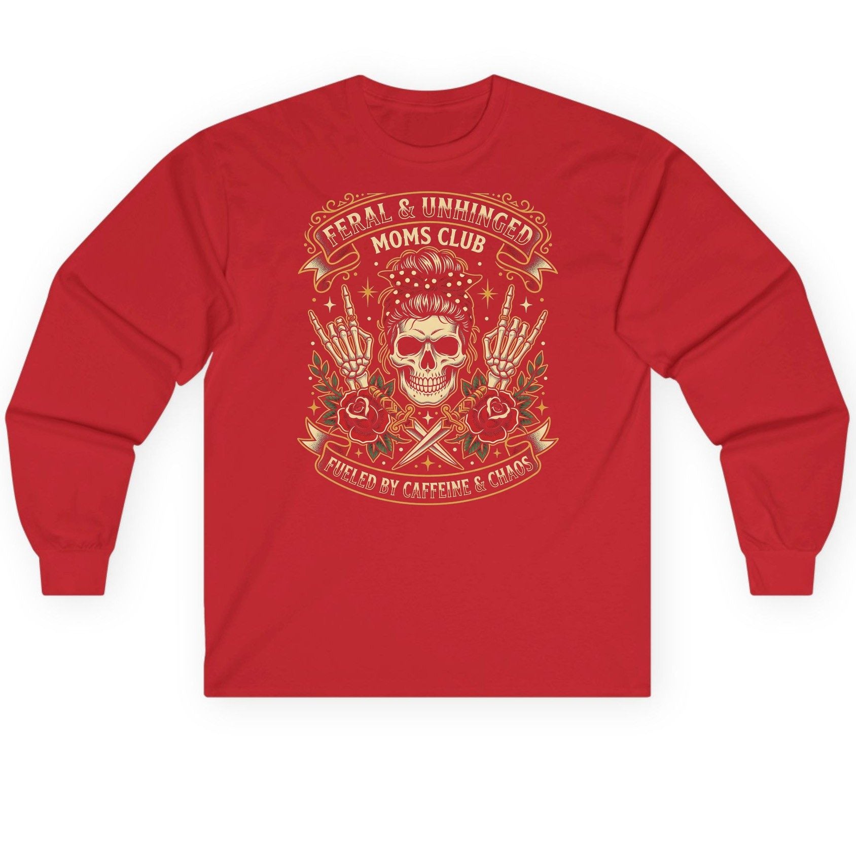 Feral & Unhinged Moms Club Fueled by Caffeine & Chaos Long Sleeve Tee - product mockup - Red