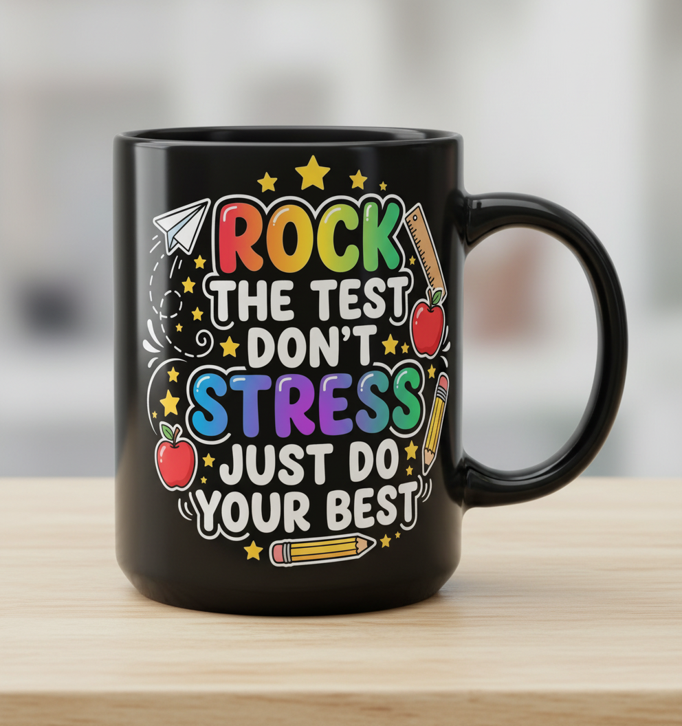 Rock The Test Don't Stress Just Do Your Best Motivational Design Black Mug - Black