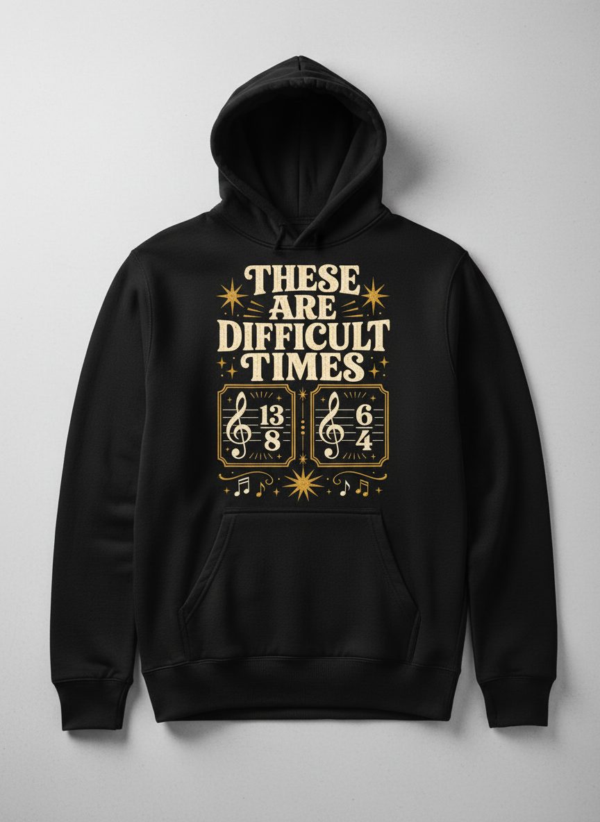 These Are Difficult Times Funny Music Pun Hoodie - product mockup - Black