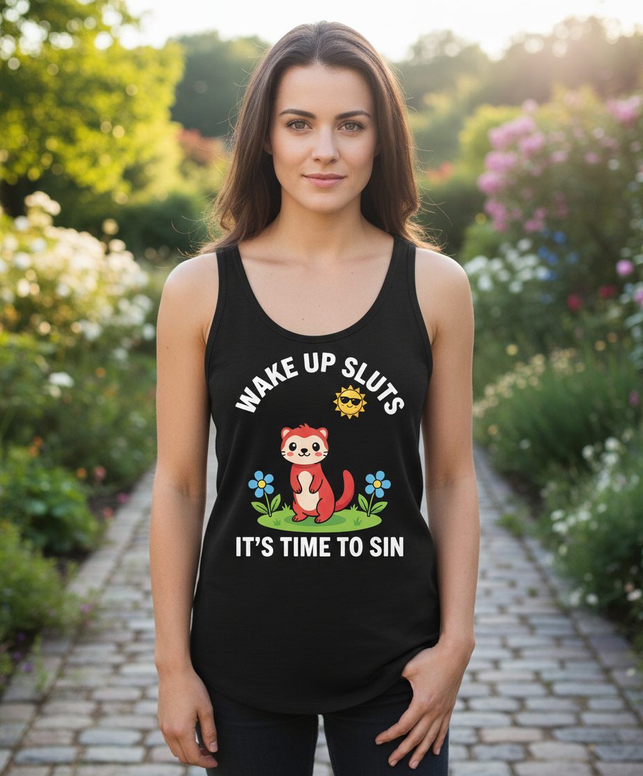 WAKE UP SLUTS IT'S TIME TO SIN Funny Ferret Tank Top - lifestyle model mockup - Black