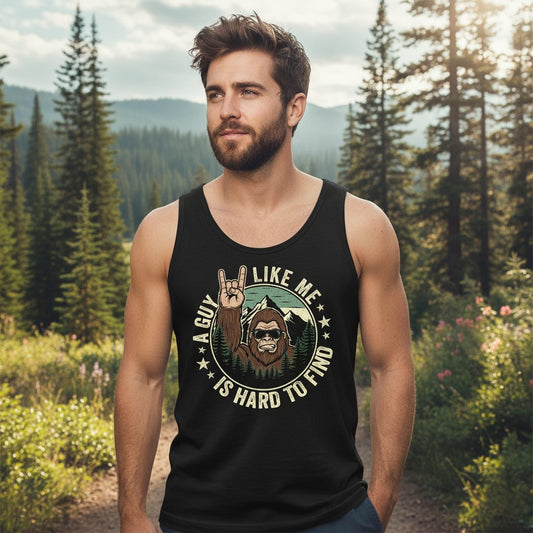 A Guy Like Me Is Hard to Find bigfoot Tank Top Black lifestyle mockup