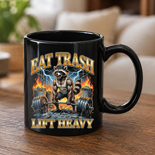 Eat Trash Lift Heavy raccoon Black Mug Black product mockup