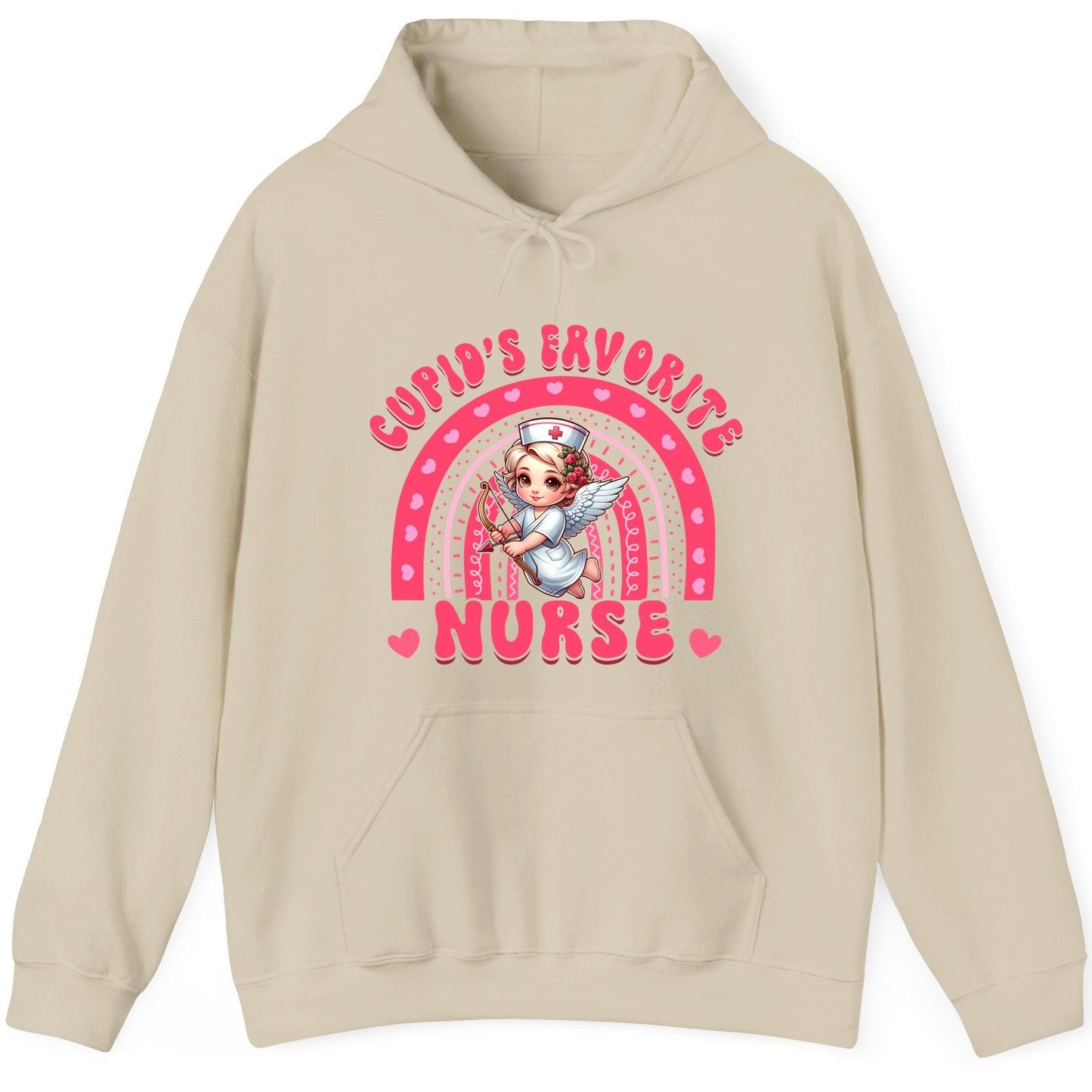 Cupid's Favorite Nurse nurse Hoodie Sand product mockup