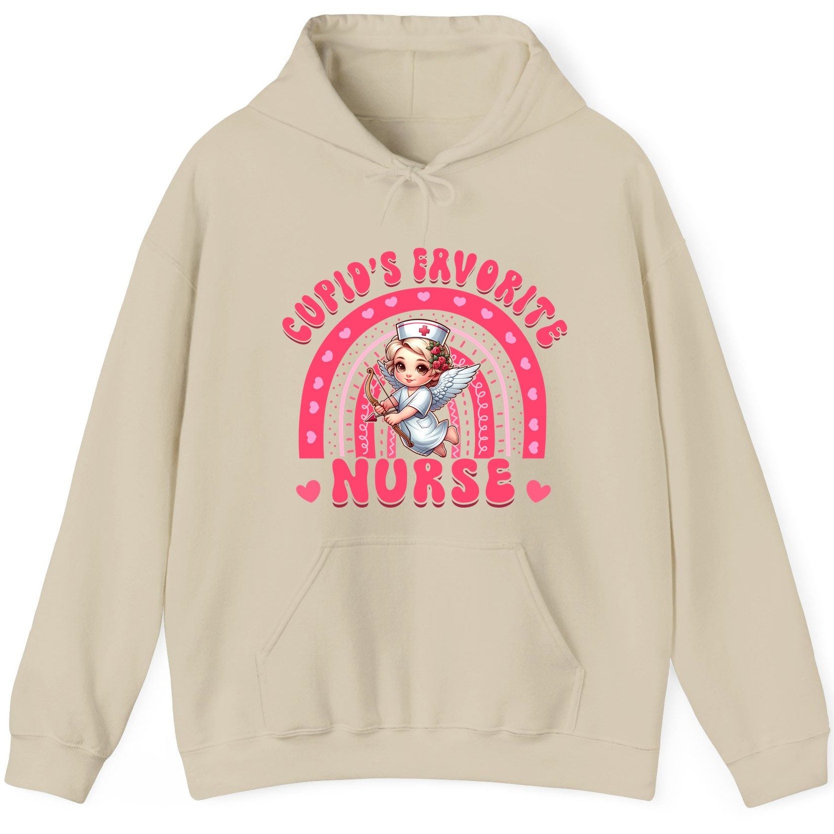 Cupid's Favorite Nurse nurse Hoodie Sand product mockup