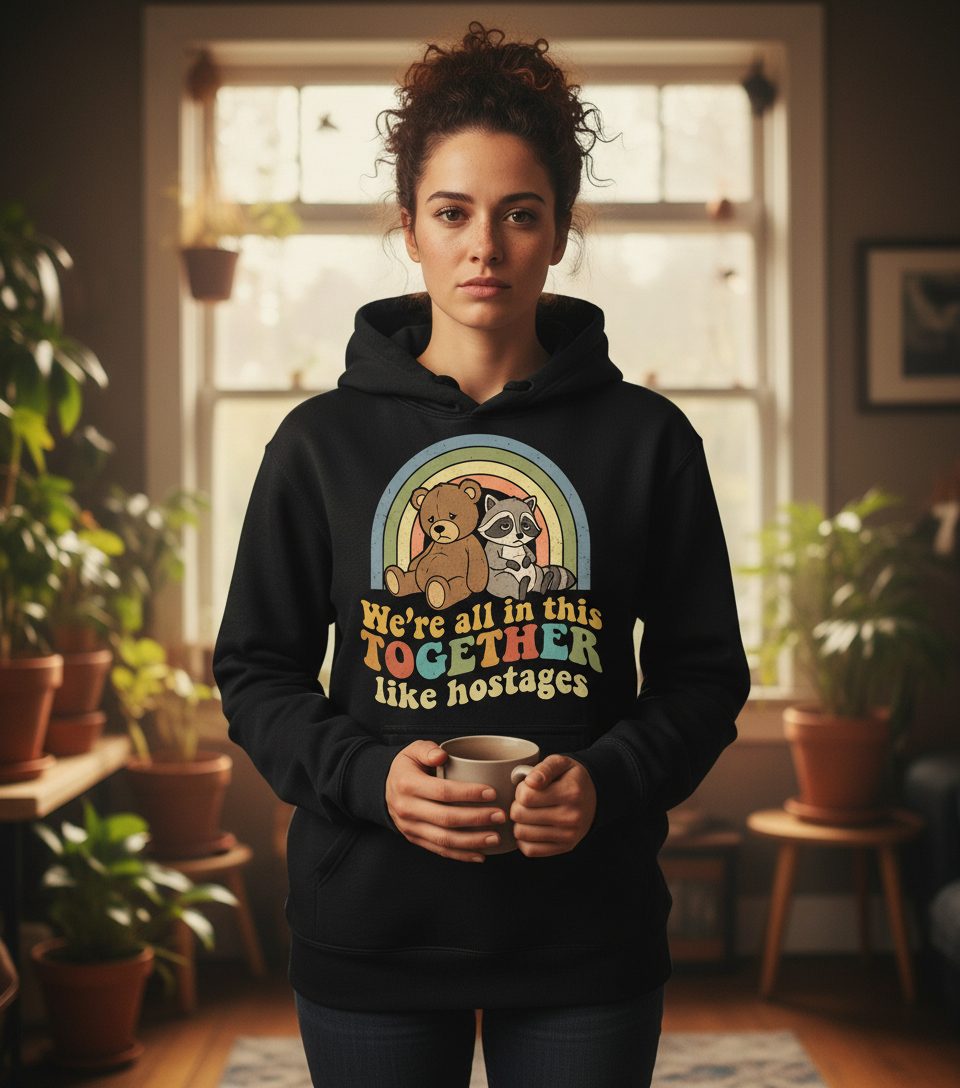We're All in This Together Like Hostages sarcastic humor Hoodie Black lifestyle mockup