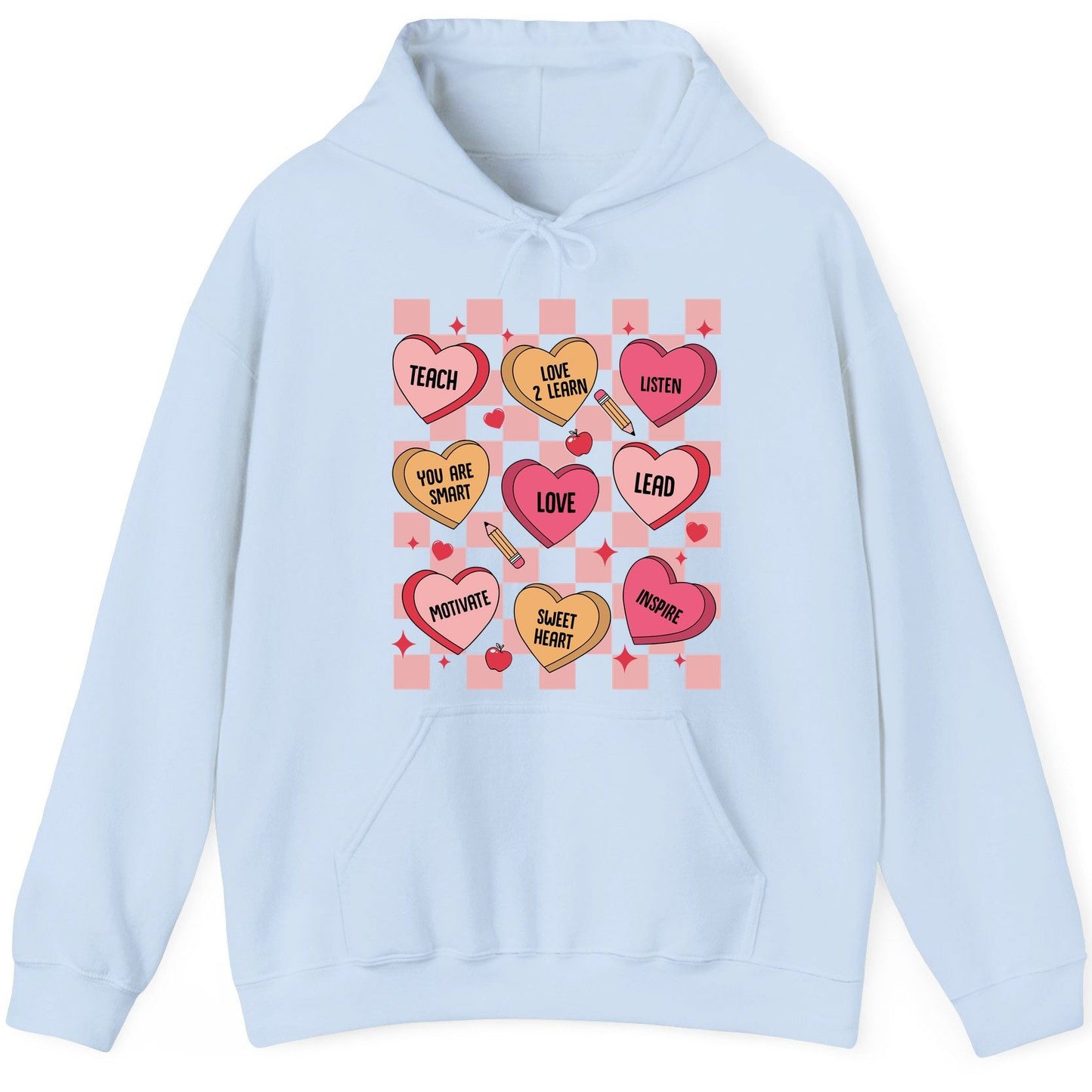 Inspirational Teacher Conversation Hearts teacher appreciation Hoodie Light Blue product mockup