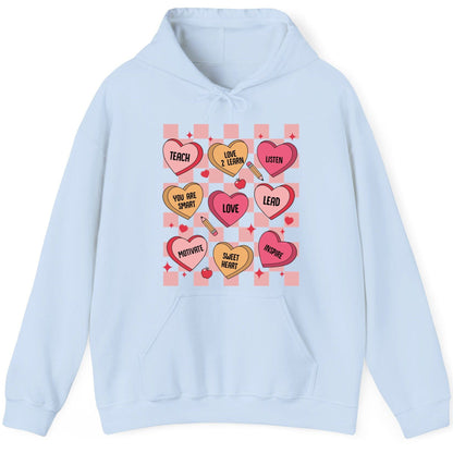 Inspirational Teacher Conversation Hearts teacher appreciation Hoodie Light Blue product mockup