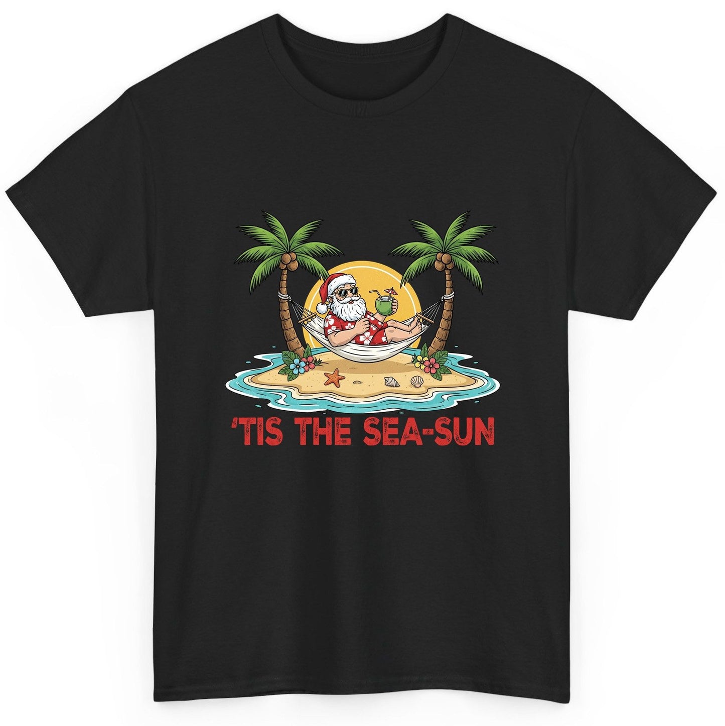'Tis the Sea-Sun santa claus on a tropical vacation T-Shirt Black product mockup