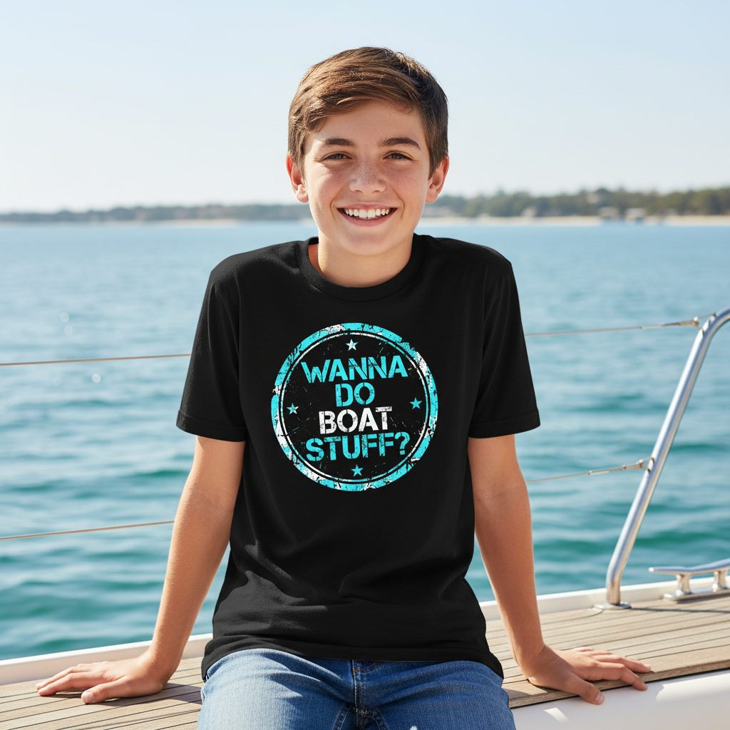 WANNA DO BOAT STUFF Funny Boating Youth T-Shirt - lifestyle model mockup - Black