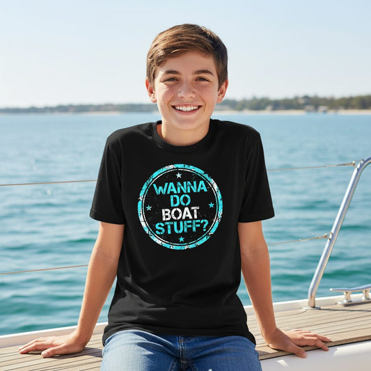 WANNA DO BOAT STUFF Funny Boating Youth T-Shirt - lifestyle model mockup - Black