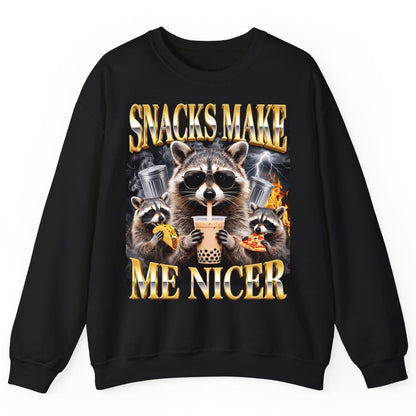 SNACKS MAKE ME NICER Funny Raccoon Sweatshirt - product mockup - Black