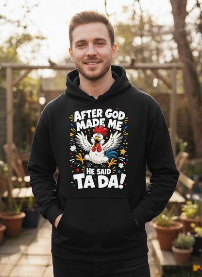After God Made Me He Said Ta Da Funny Rooster Hoodie - lifestyle model mockup - Black