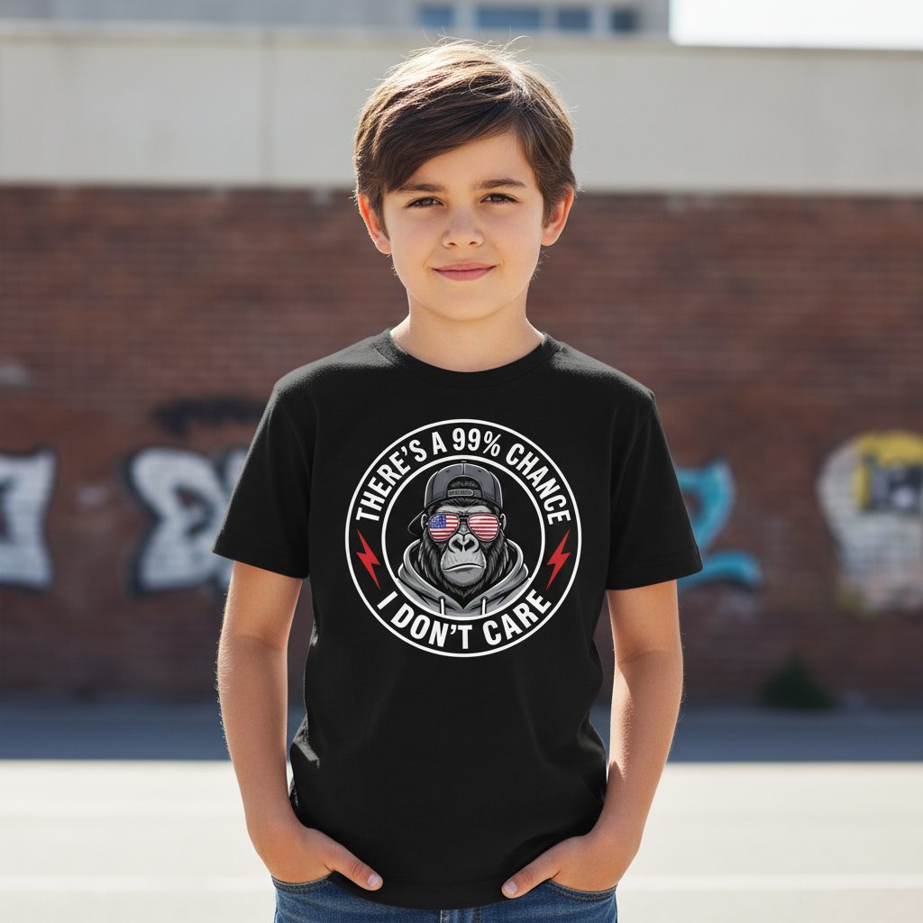 There's a 99% Chance I Don't Care sarcastic gorilla Youth T-Shirt Black lifestyle mockup