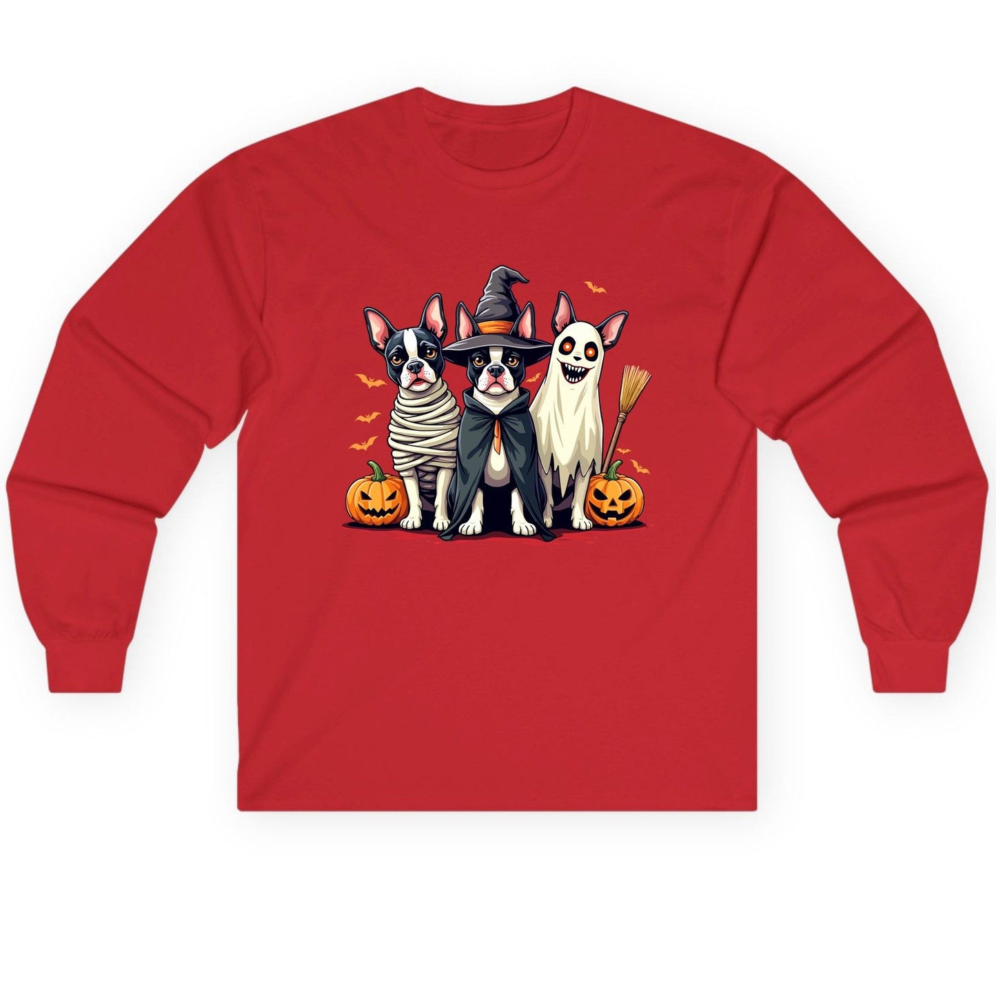 Halloween Boston Terrier Trio boston terrier Long Sleeve Tee Red product mockup