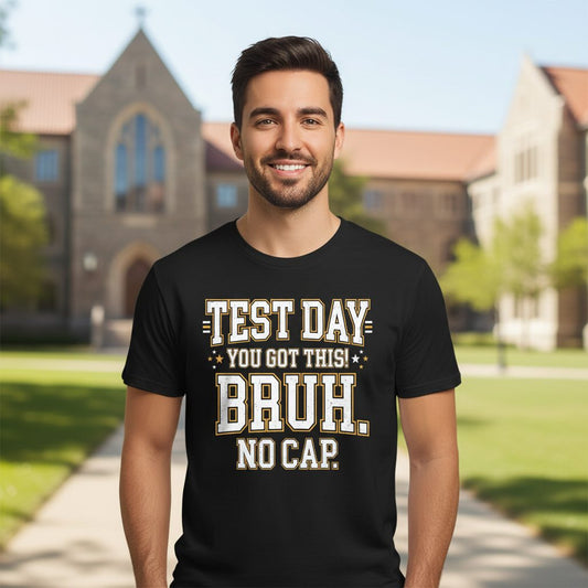 Test Day You Got This Bruh No Cap Funny Student Humor T-Shirt - lifestyle model mockup - Black