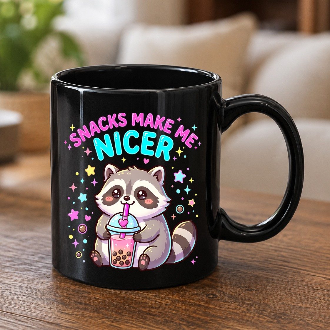 SNACKS MAKE ME NICER Funny Raccoon Black Mug - product mockup - Black
