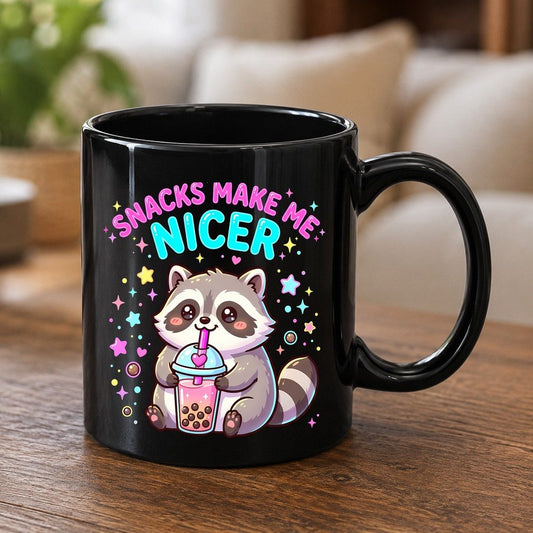 SNACKS MAKE ME NICER Funny Raccoon Black Mug - product mockup - Black