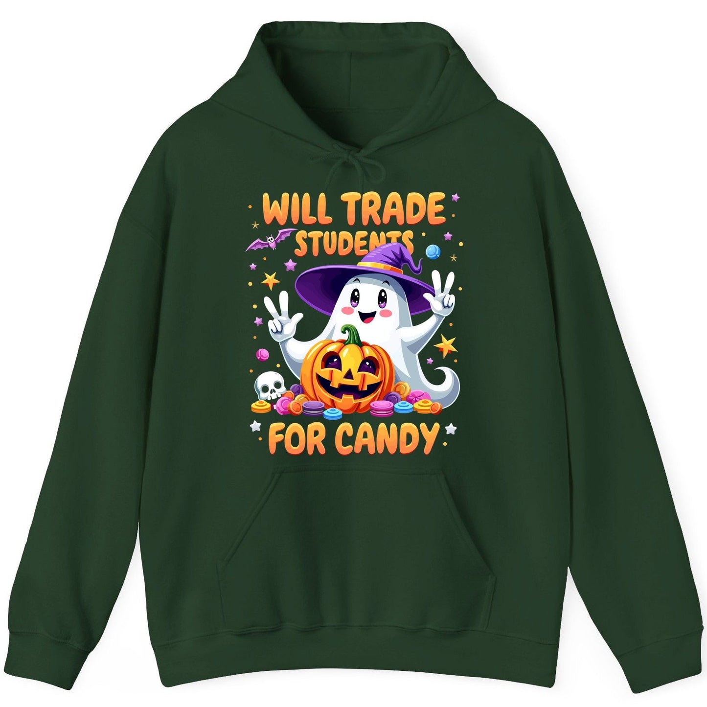 Will Trade Students for Candy teacher Halloween Hoodie Forest Green product mockup