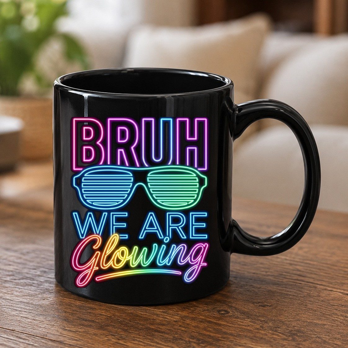 BRUH WE ARE Glowing Neon Party Black Mug Black product mockup
