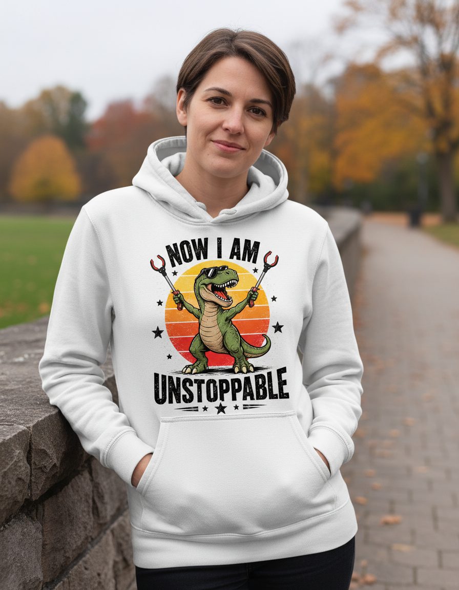 Now I Am Unstoppable Funny Tyrannosaurus Rex Hoodie - lifestyle model mockup - White