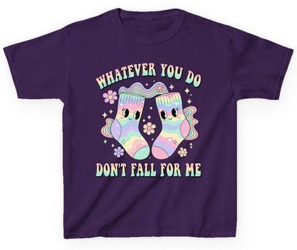 Whatever You Do Don't Fall for Me funny socks Youth T-Shirt Purple product mockup