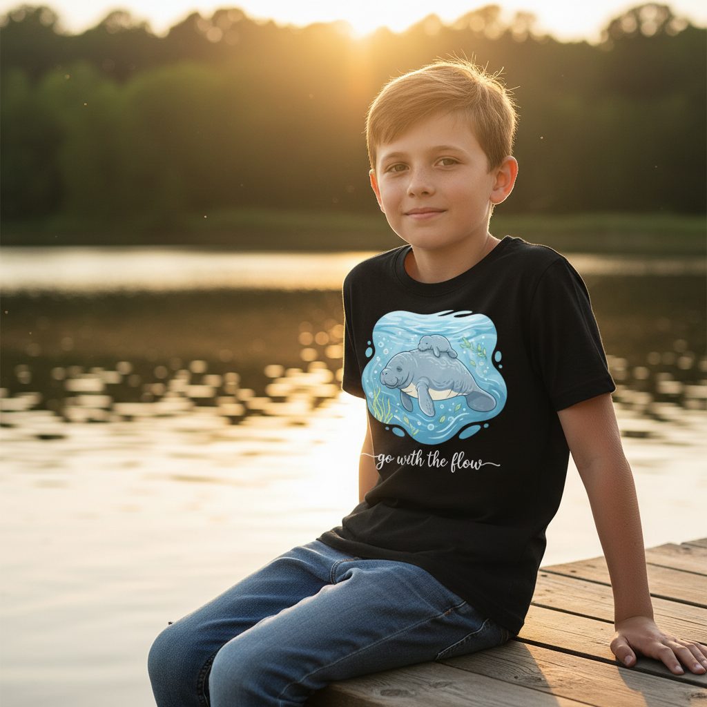Go with the Flow Manatee Youth T-Shirt - lifestyle model mockup - Black