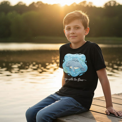 Go with the Flow Manatee Youth T-Shirt - lifestyle model mockup - Black