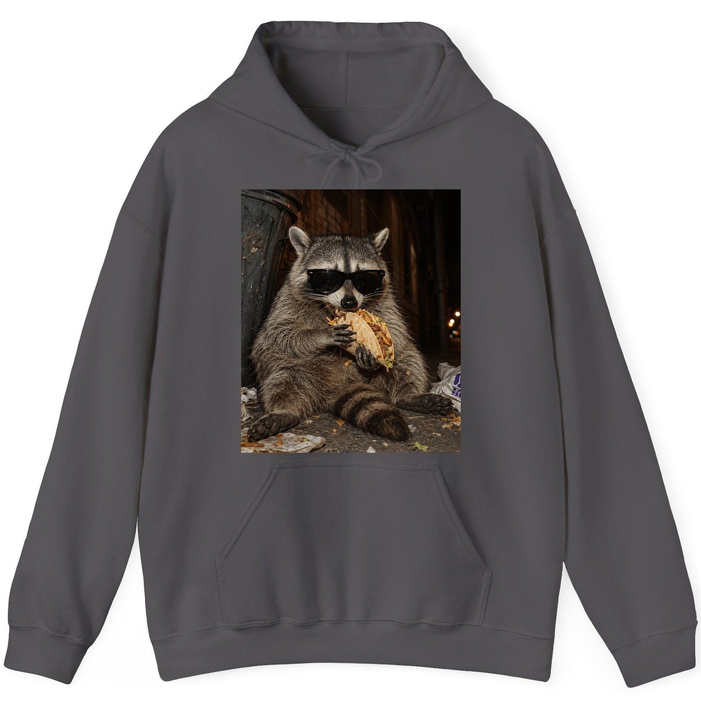 Raccoon Eating Taco Funny Animal Lovers Hoodie - product mockup - Charcoal