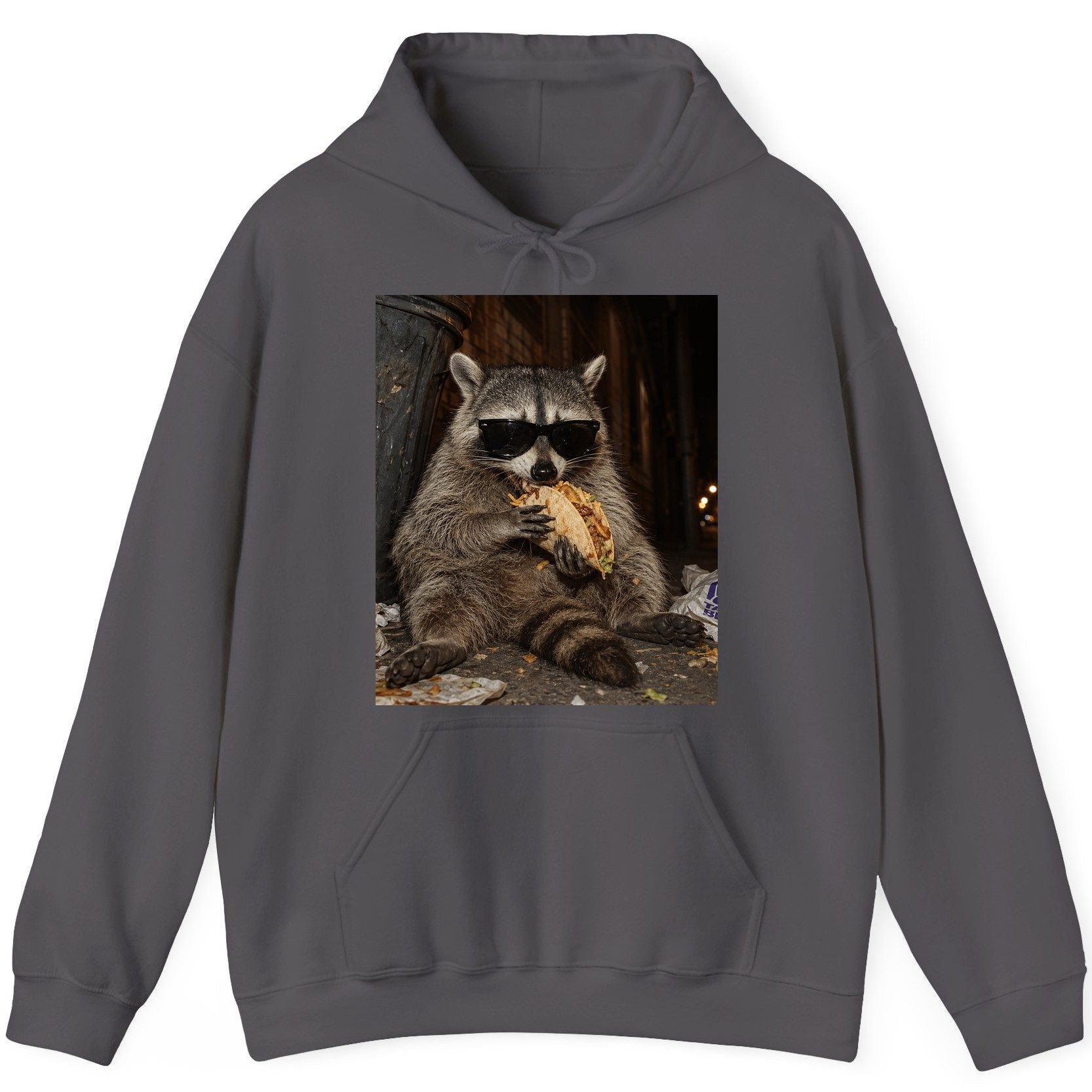 Raccoon Eating Taco Funny Animal Lovers Hoodie - product mockup - Charcoal
