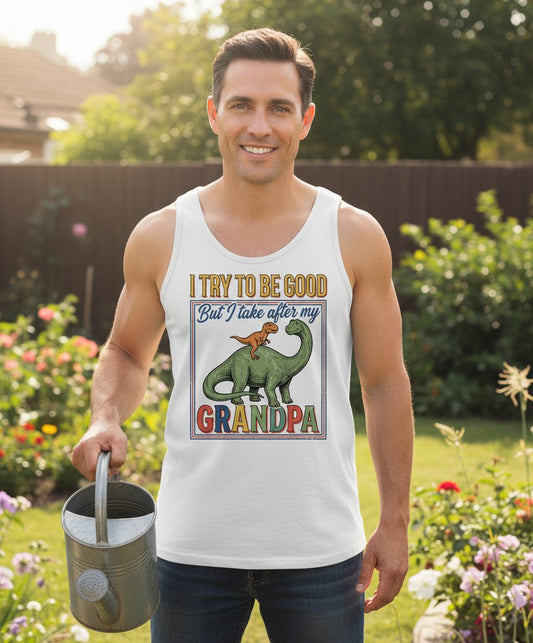 I TRY TO BE GOOD but I Take After My Grandpa Funny Dinosaur Tank Top - lifestyle model mockup - White
