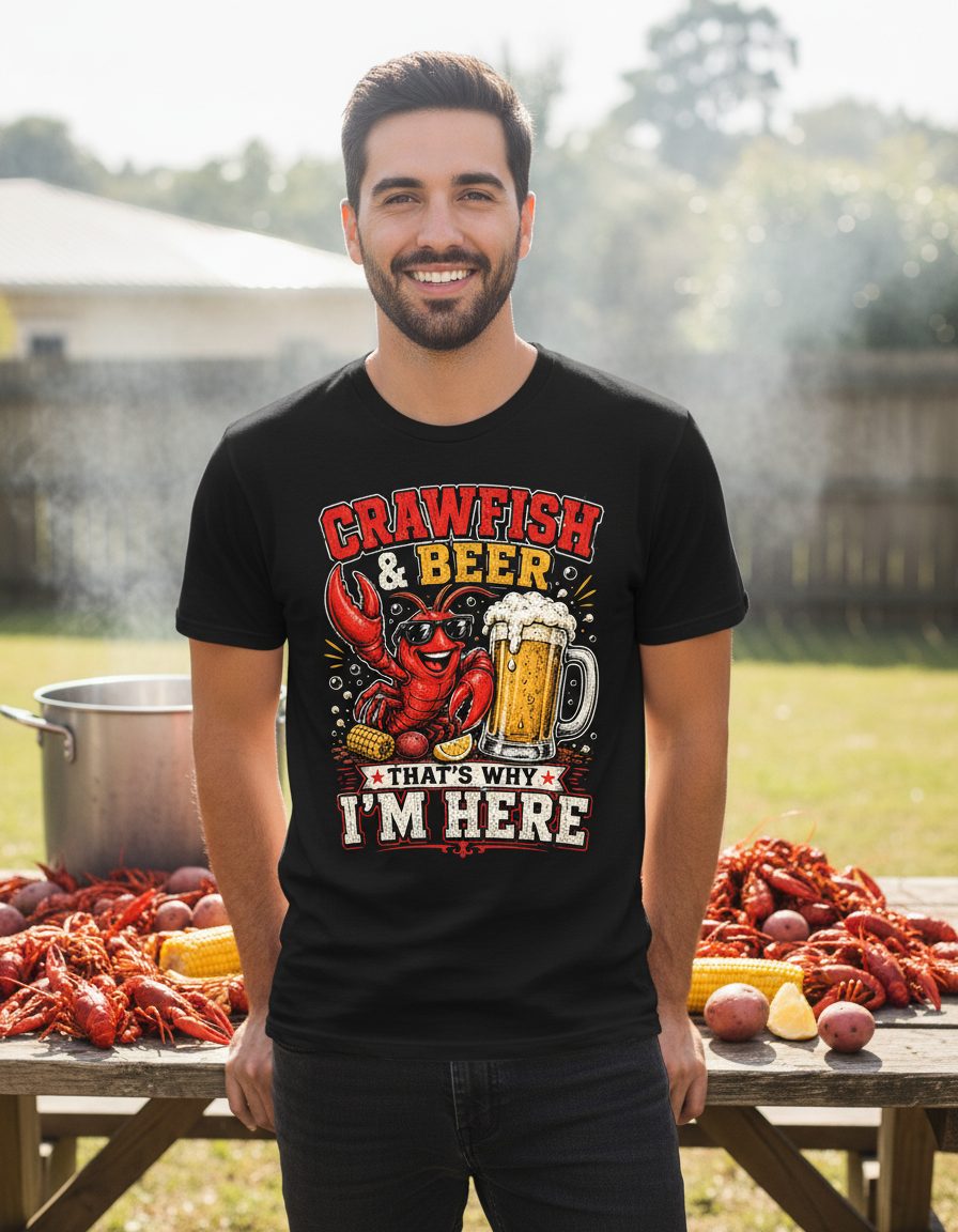 Crawfish & Beer That's Why I'm Here Funny Boil T-Shirt - lifestyle model mockup - Black