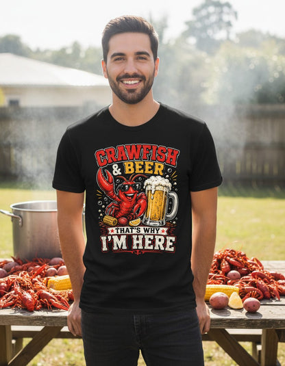 Crawfish & Beer That's Why I'm Here Funny Boil T-Shirt - lifestyle model mockup - Black