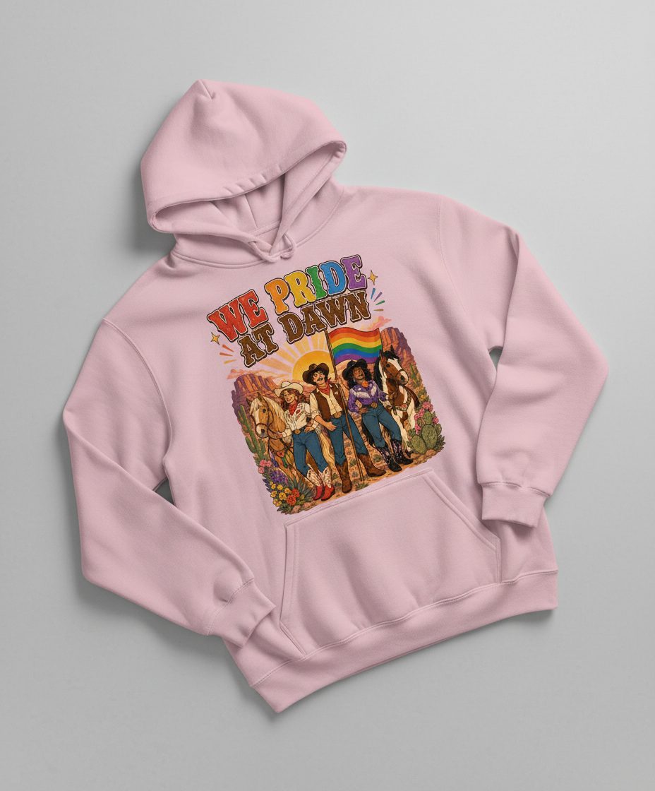 We Pride at Dawn Retro Lgbtq Hoodie - product mockup - Light Pink