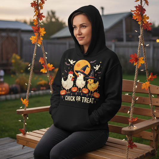Chick or Treat Halloween chickens Hoodie Black lifestyle mockup