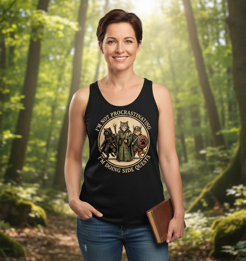 I'm Not Procrastinating I'm Doing Side Quests rpg cats Tank Top Black lifestyle mockup