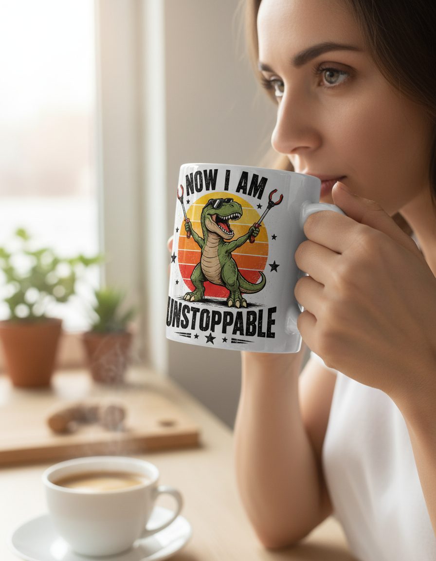 Now I Am Unstoppable Funny Tyrannosaurus Rex White Mug - lifestyle model mockup - White
