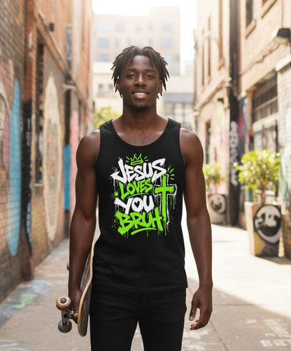 Jesus Loves You Bruh Christian Tank Top - lifestyle model mockup - Black