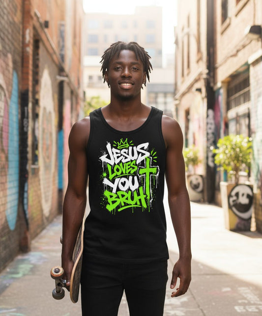 Jesus Loves You Bruh Christian Tank Top - lifestyle model mockup - Black
