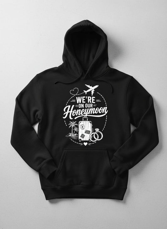 We're on Our Honeymoon Vintage Newlyweds Hoodie - product mockup - Black
