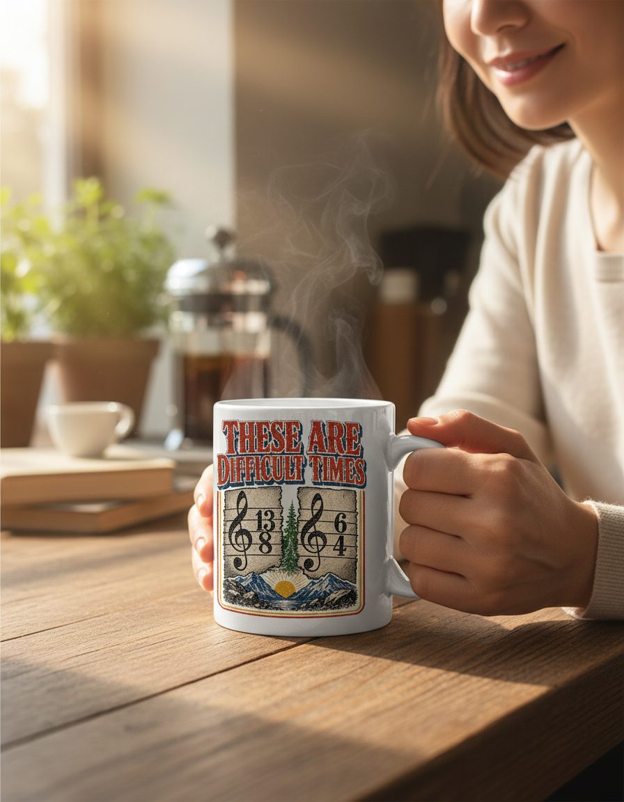 THESE ARE Difficult TIMES Funny Music Pun White Mug - lifestyle model mockup - White