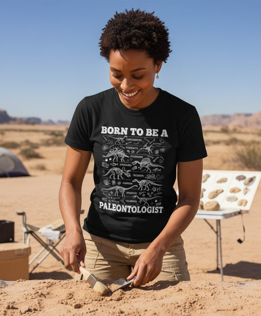 Born to Be a Paleontologist dinosaur skeletons T-Shirt Black lifestyle mockup